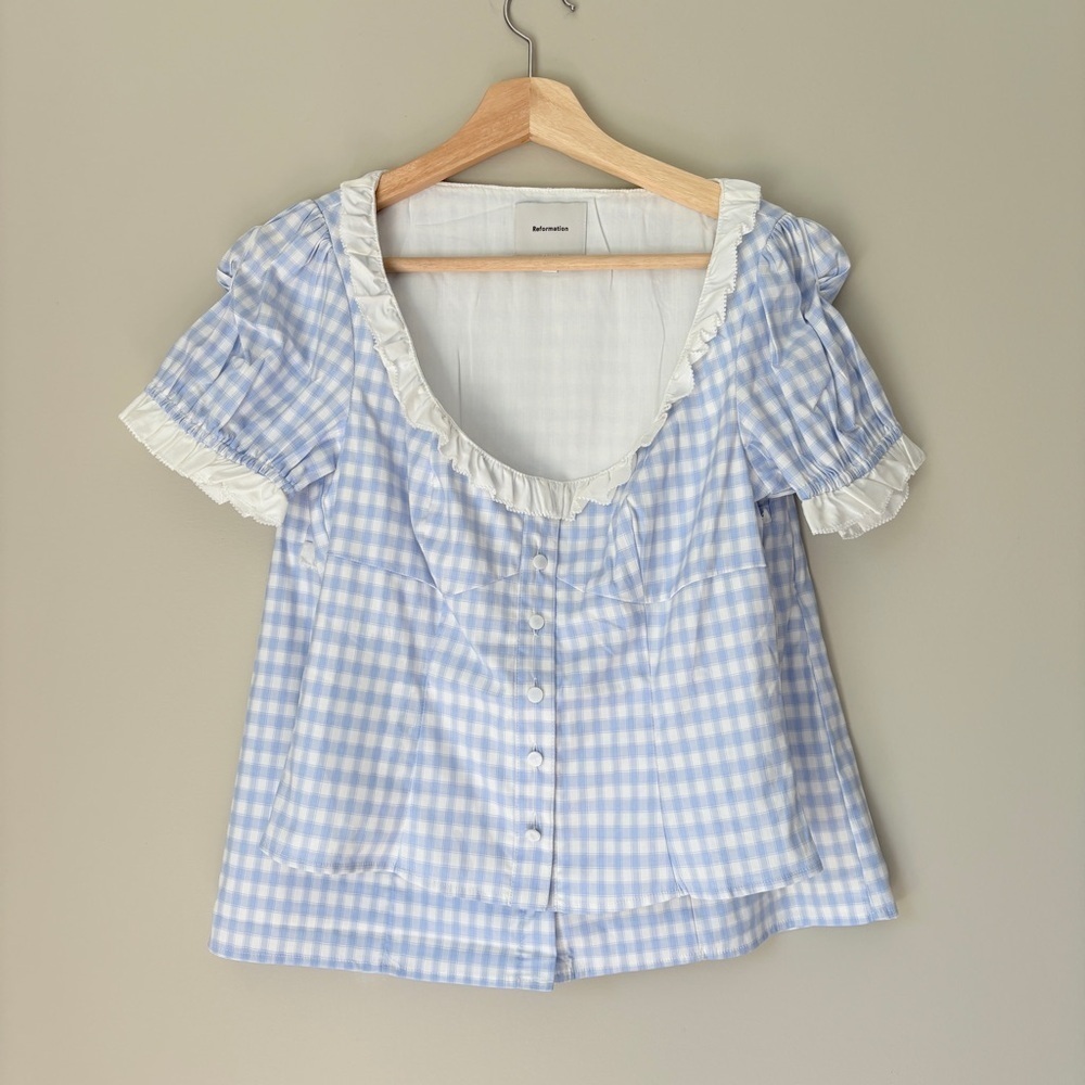 NEW Reformation Janell Two Piece Set Crystal Check Light Blue White | US 2 UK 6 - Picture 6 of 12
